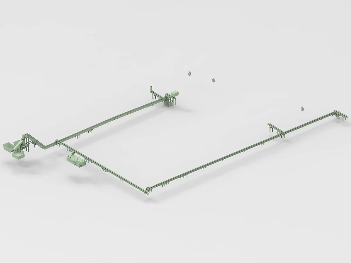 Zentrale Späneentsorgungsanlage für vier Bearbeitungszentren mit kombiniertem System zur Spänebrikettierung und Verteilung auf Container.