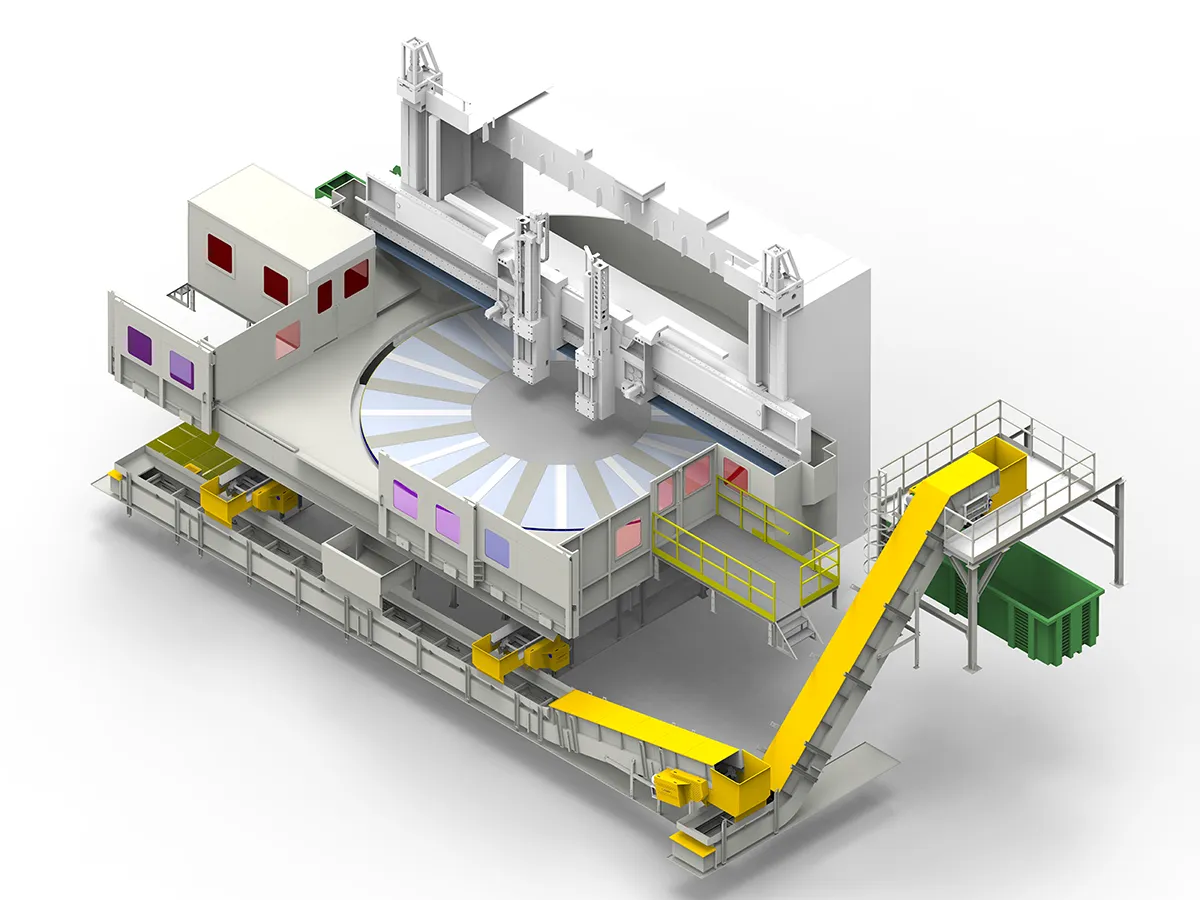 Späneentsorgungssystem für eine Vertikaldrehmaschine mit Verteilung zu einem Container.